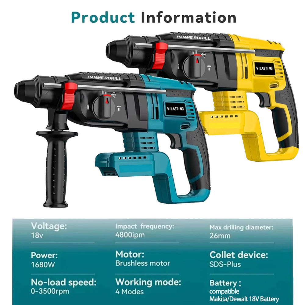 Perceuse à percussion électrique sans balais de 26MM, outils électriques multifonctionnels rotatifs sans fil rechargeables adaptés à la batterie MA KITA/Dewalt 18V