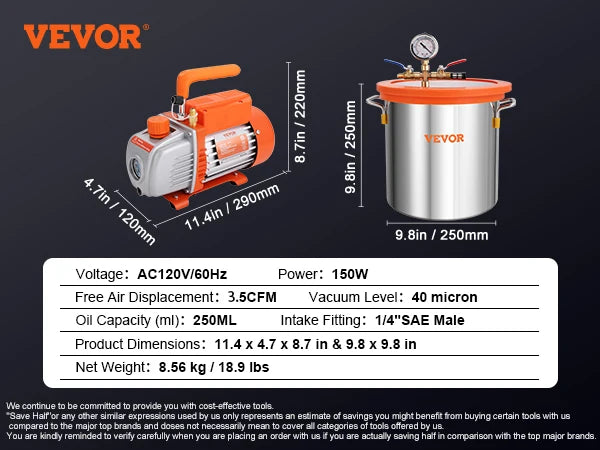 VEVOR Pompe à Vide 100L/min Chambre Vide 11L Kit Dégazage 3Gal 1 Étage Puissante Silencieuse  Fiable Résine Époxy Laboratoire