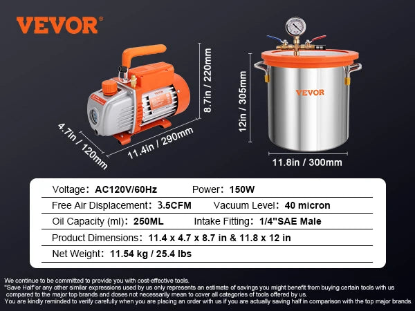 VEVOR Pompe à Vide 100L/min Chambre Vide 11L Kit Dégazage 3Gal 1 Étage Puissante Silencieuse  Fiable Résine Époxy Laboratoire