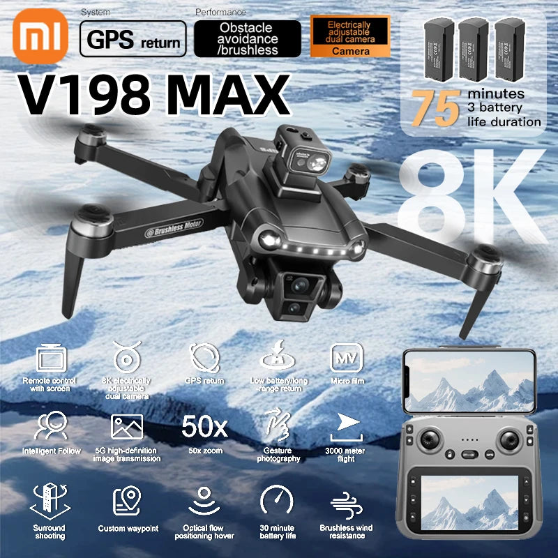 Xiaomi V198MAX GPS Drone 8K caméra professionnelle aérienne FPV brosse Laser Obstacle avec grand écran télécommande pliable Dron