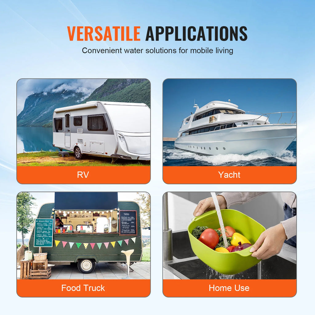 Pompe à membrane VEVOR 12 V, débit 1,8/3/3,5/5 GPM, 3/4/5 chambres, pression réglable de 40 à 100 PSI, raccord MNPT 1/2" pour camping-car, yacht, food truck et caravane.