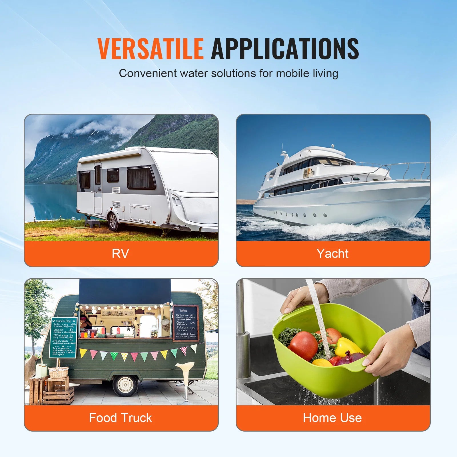 Pompe à membrane VEVOR 12 V, débit 1,8/3/3,5/5 GPM, 3/4/5 chambres, pression réglable de 40 à 100 PSI, raccord MNPT 1/2" pour camping-car, yacht, food truck et caravane.