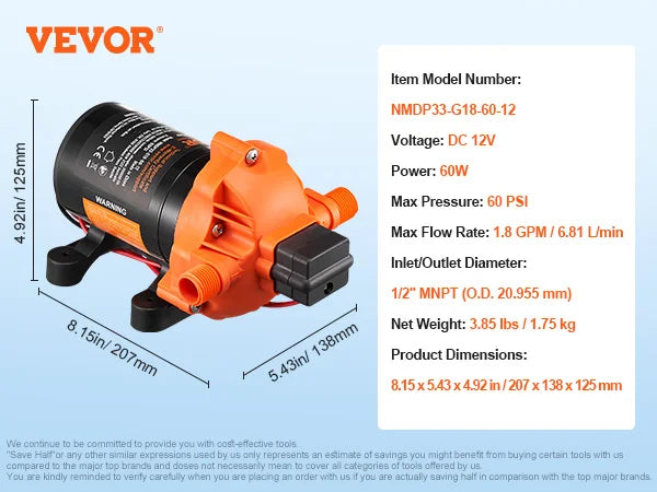 Pompe à membrane VEVOR 12 V, débit 1,8/3/3,5/5 GPM, 3/4/5 chambres, pression réglable de 40 à 100 PSI, raccord MNPT 1/2" pour camping-car, yacht, food truck et caravane.