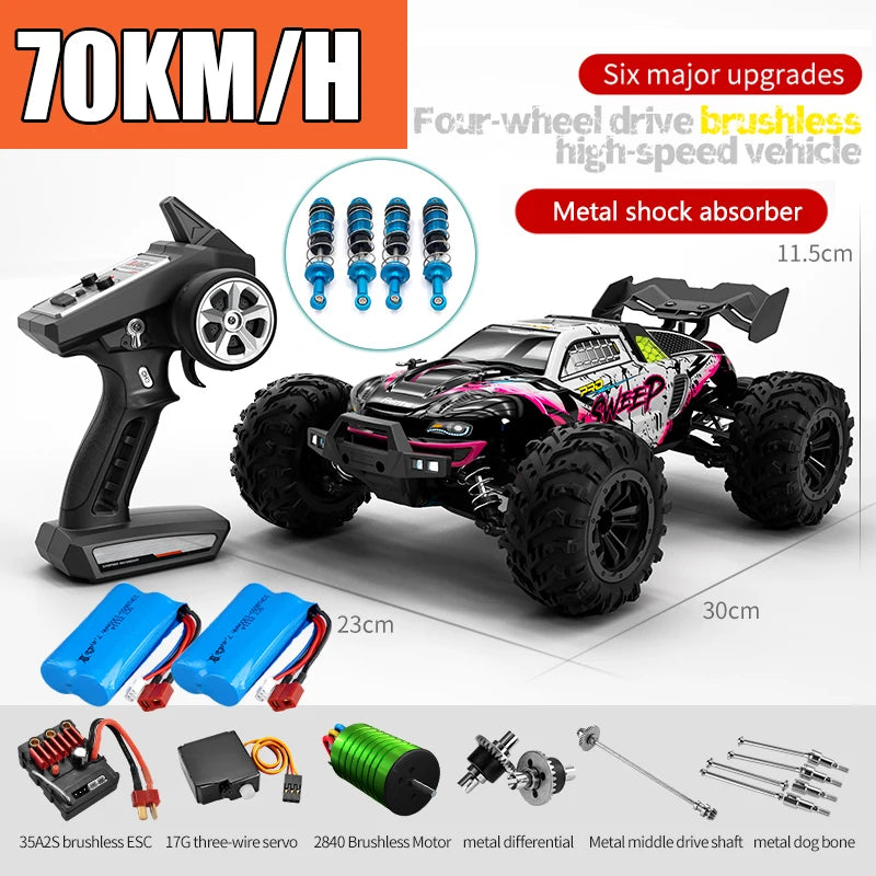 Voiture télécommandée tout-terrain 4x4 haute vitesse 70 km/h avec phares LED, moteur brushless 4WD, échelle 1/16, jouet Monster Truck idéal pour les garçons. Cadeau parfait pour les garçons.