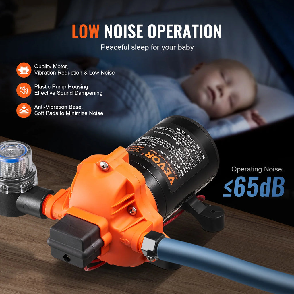 Pompe à membrane VEVOR 12 V, débit 1,8/3/3,5/5 GPM, 3/4/5 chambres, pression réglable de 40 à 100 PSI, raccord MNPT 1/2" pour camping-car, yacht, food truck et caravane.