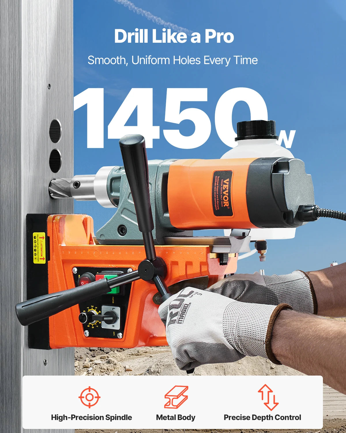 Perceuse magnétique, 1450 W, perceuse électrique portable, diamètre d'alésage 40 mm, 12500 N, 800 tr/min, avec vitesse variable, pour rénovation maison construction de navire chemin de fer pont