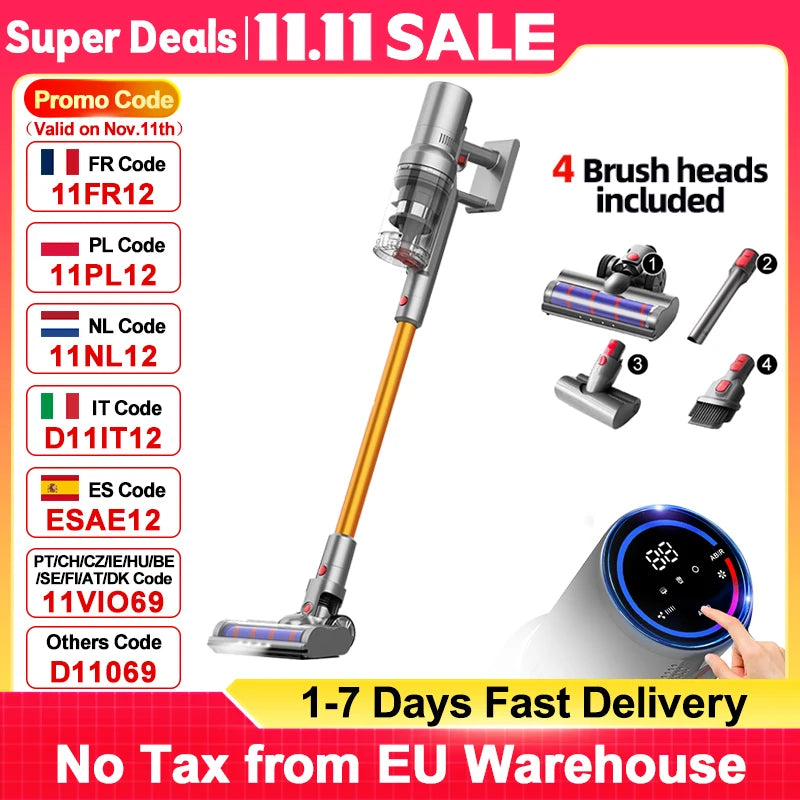 ABIR-aspirateur sans fil VC205, 27000PA, poignées anti-poussière intelligentes, grand écran tactile, pour la maison des animaux domestiques