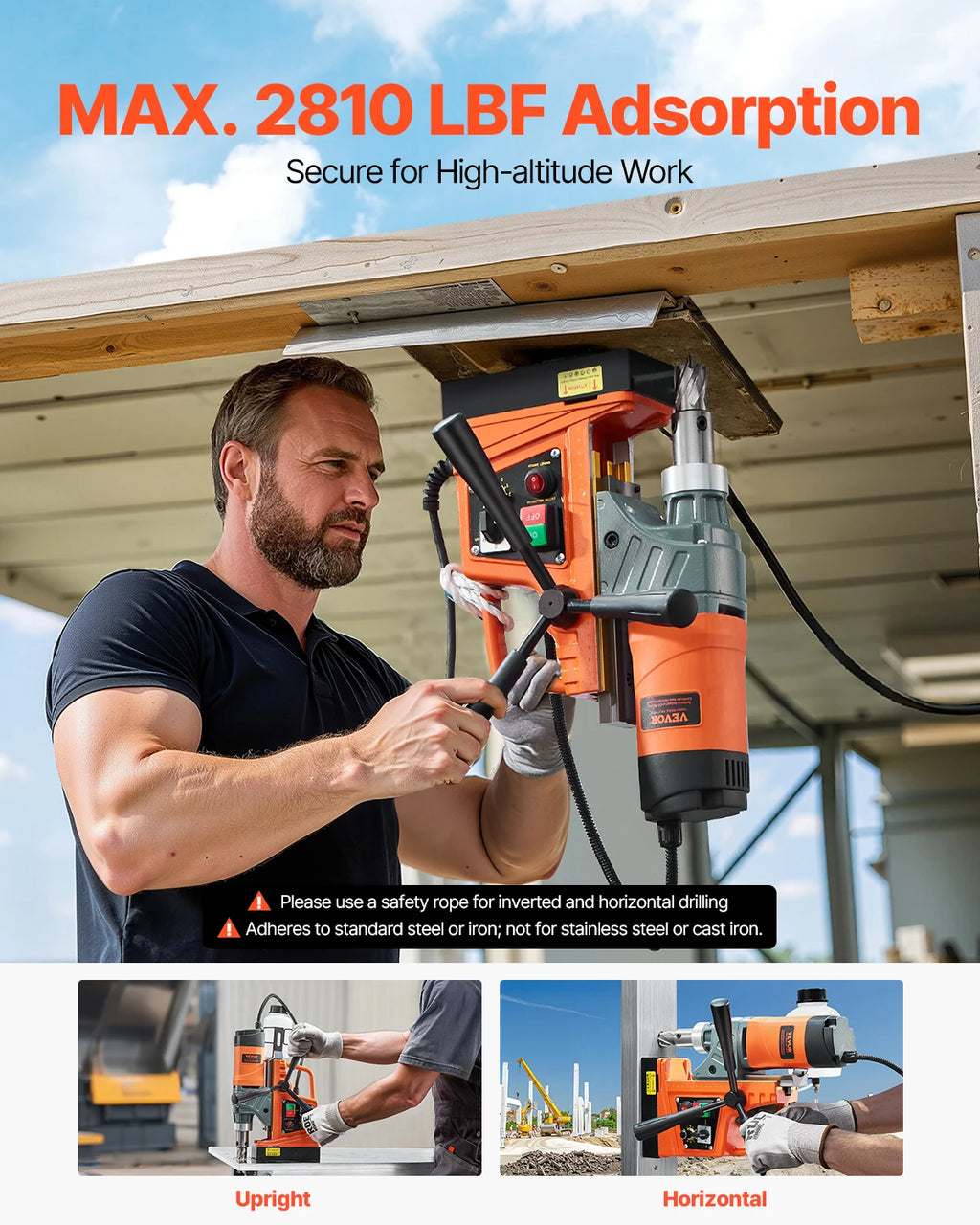 Perceuse magnétique, 1450 W, perceuse électrique portable, diamètre d'alésage 40 mm, 12500 N, 800 tr/min, avec vitesse variable, pour rénovation maison construction de navire chemin de fer pont