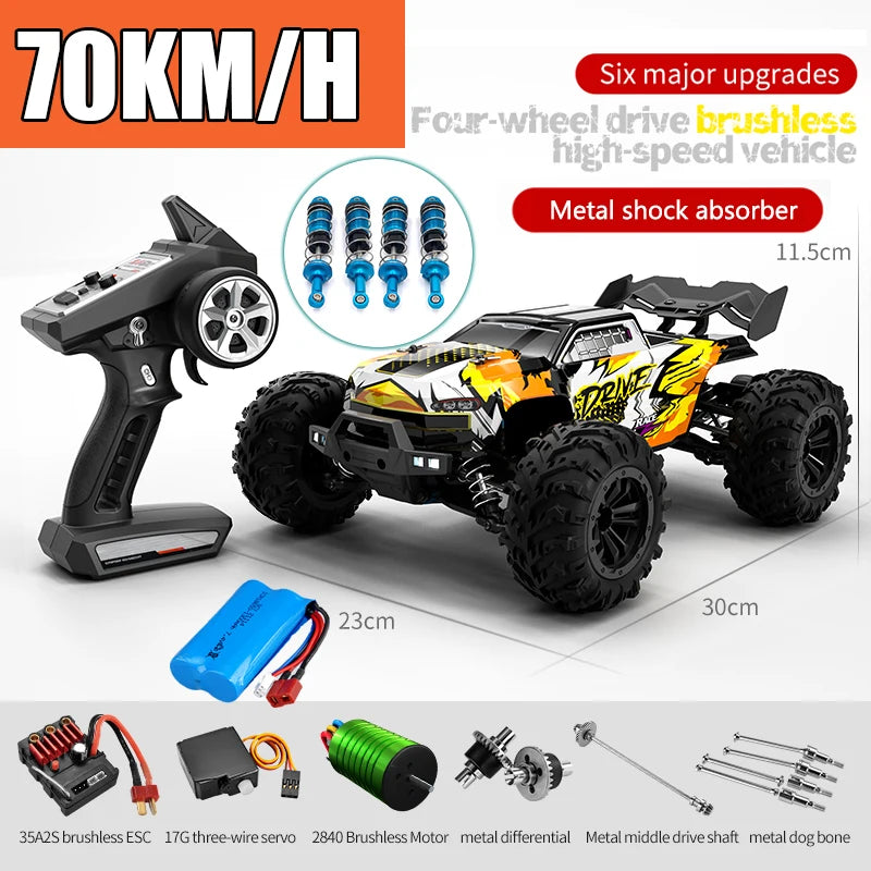 Voiture télécommandée tout-terrain 4x4 haute vitesse 70 km/h avec phares LED, moteur brushless 4WD, échelle 1/16, jouet Monster Truck idéal pour les garçons. Cadeau parfait pour les garçons.