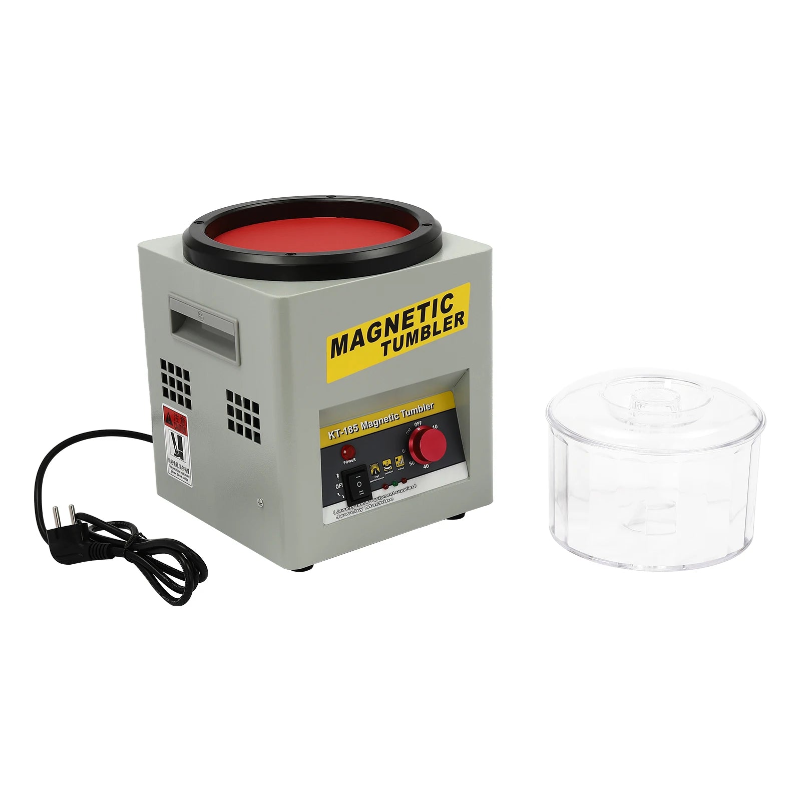 Machine de polissage magnétique pour bijoux avec fonction marche avant/arrière, haute puissance et poignées portables pour une utilisation efficace.