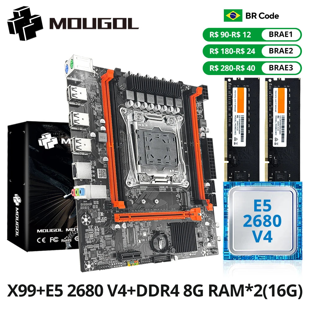 MOUGOL nouveau jeu de carte mère X99 avec Intel Xeon E5 2680 V4 et DDR4 16G (8G * 2) 2133MHz RAM double canal M.2 NVME pour hôte de bureau