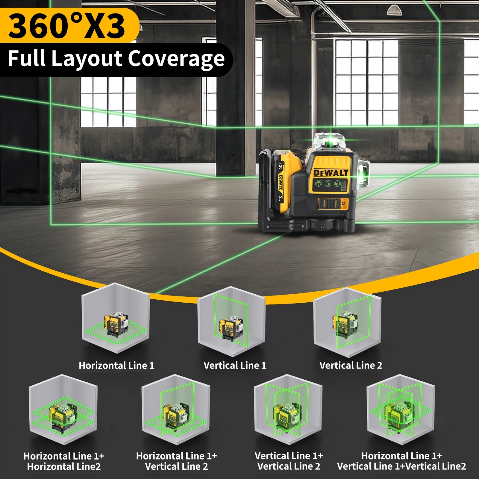 2025 Nouveau Niveau Laser DEWALT DW089LG – Batterie 12V Lithium, Lignes Vertes 360° Horizontales & Verticales, Couverture sur 3 Côtés – Précision Pro pour Bricolage et Chantier