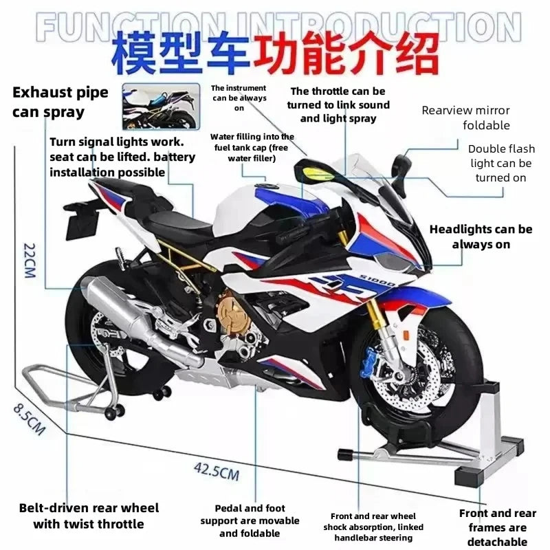 Réplique modèle extra-large à l'échelle 1:6 d'une moto BMW S1000RR, avec allumage réaliste et effet spray de démarrage. Moteur garçon