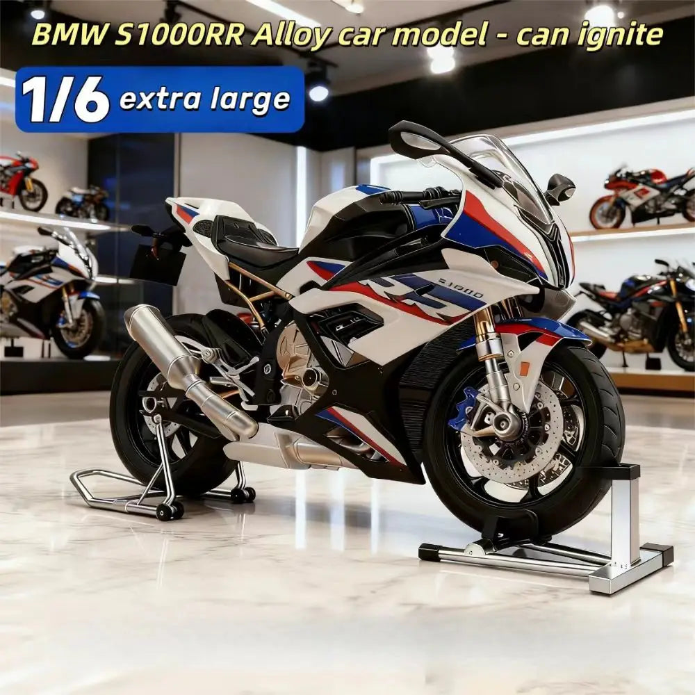Réplique modèle extra-large à l'échelle 1:6 d'une moto BMW S1000RR, avec allumage réaliste et effet spray de démarrage. Moteur garçon