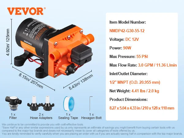 Pompe à membrane VEVOR 12 V, débit 1,8/3/3,5/5 GPM, 3/4/5 chambres, pression réglable de 40 à 100 PSI, raccord MNPT 1/2" pour camping-car, yacht, food truck et caravane.