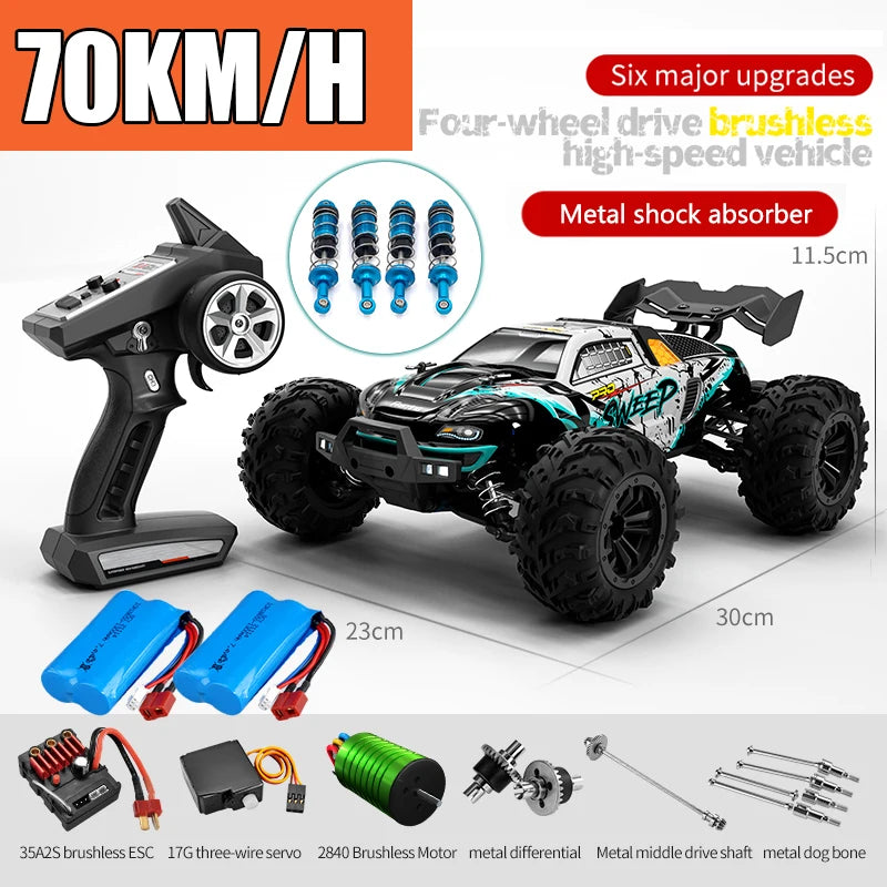 Voiture télécommandée tout-terrain 4x4 haute vitesse 70 km/h avec phares LED, moteur brushless 4WD, échelle 1/16, jouet Monster Truck idéal pour les garçons. Cadeau parfait pour les garçons.