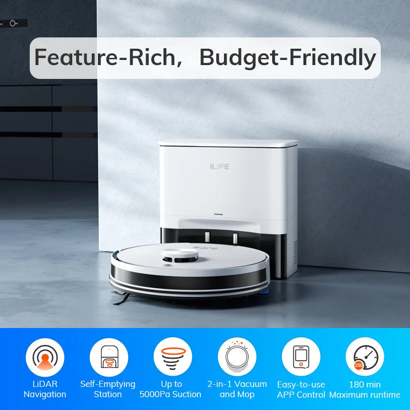 ILIFE-Aspirateur robot A30 PRO, aspiration 5000Pa, auto-vidange, capacité de 60 jours, application, télécommande, temps de fonctionnement de 180 minutes