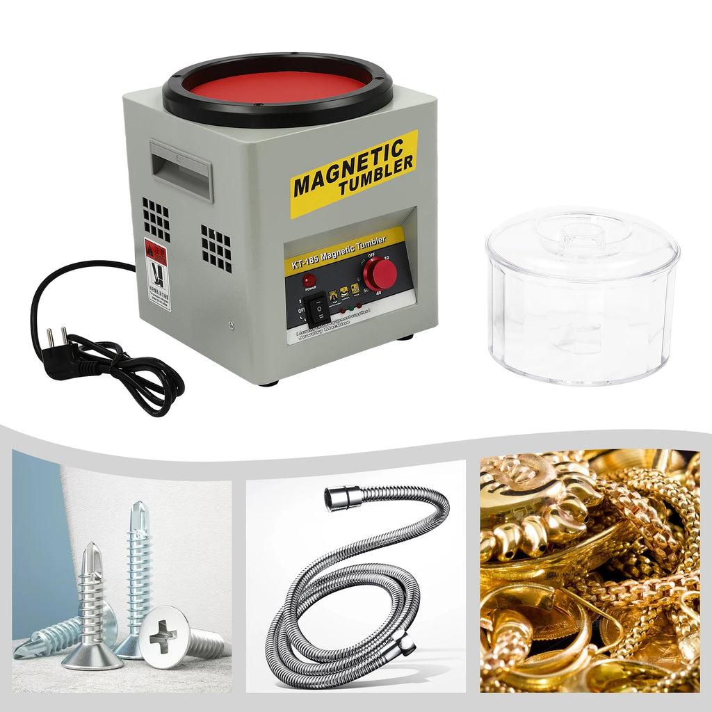 Machine de polissage magnétique pour bijoux avec fonction marche avant/arrière, haute puissance et poignées portables pour une utilisation efficace.