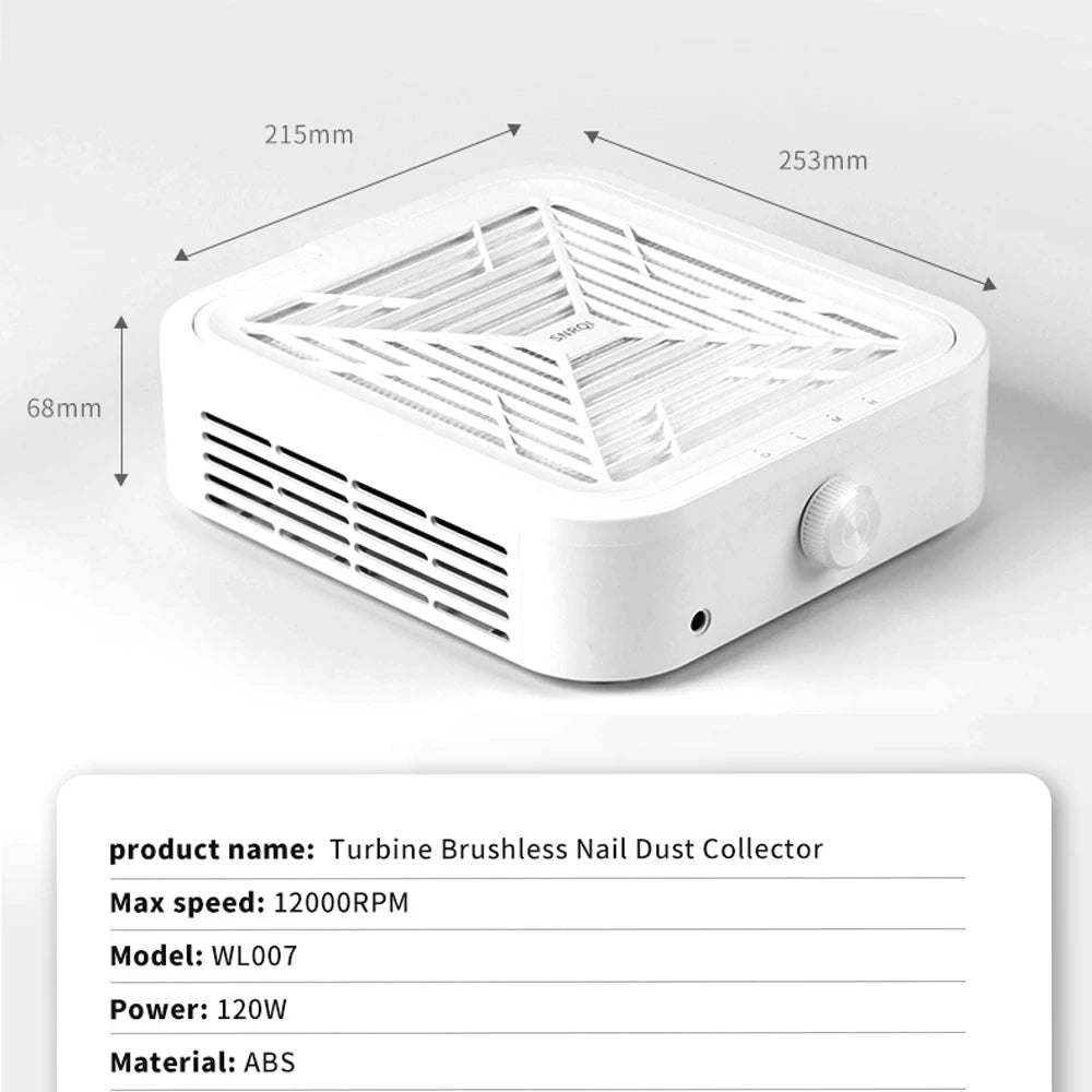 Aspirateur à ongles sans balais à turbine, aspiration puissante 120 W, pour manucure, avec filtre amovible et vitesse réglable.
