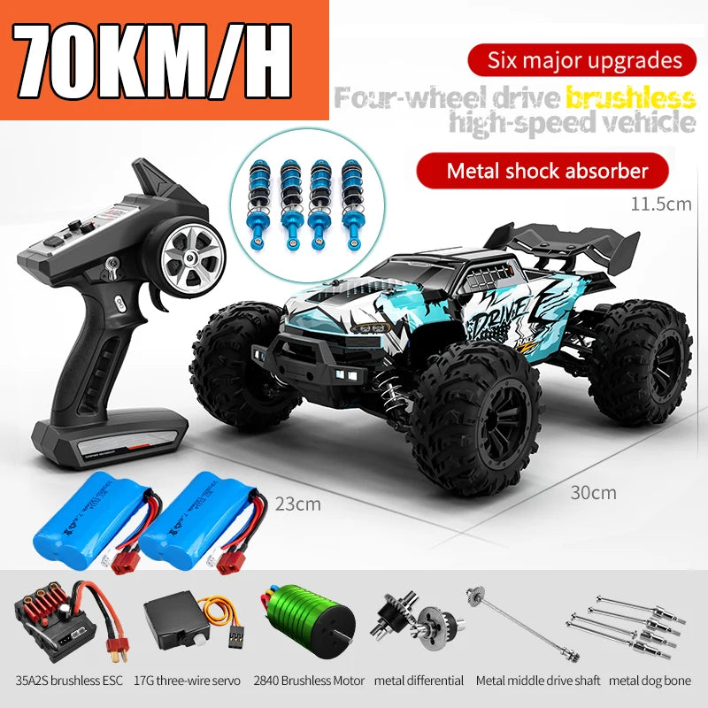 Voiture télécommandée tout-terrain 4x4 haute vitesse 70 km/h avec phares LED, moteur brushless 4WD, échelle 1/16, jouet Monster Truck idéal pour les garçons. Cadeau parfait pour les garçons.