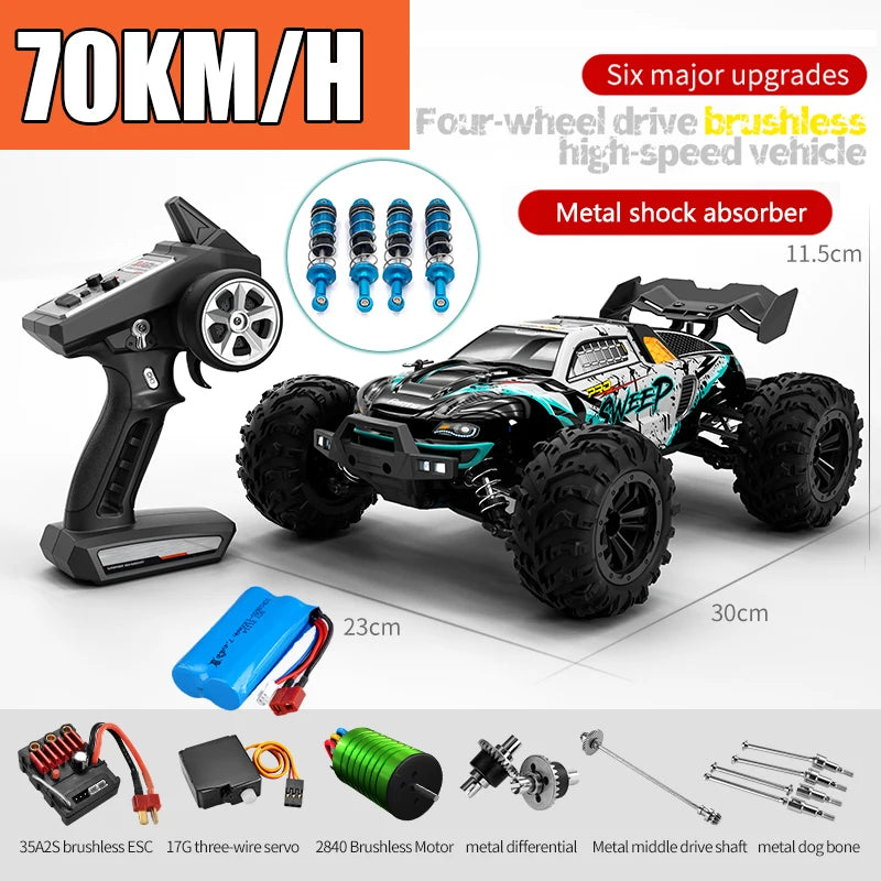 Voiture télécommandée tout-terrain 4x4 haute vitesse 70 km/h avec phares LED, moteur brushless 4WD, échelle 1/16, jouet Monster Truck idéal pour les garçons. Cadeau parfait pour les garçons.
