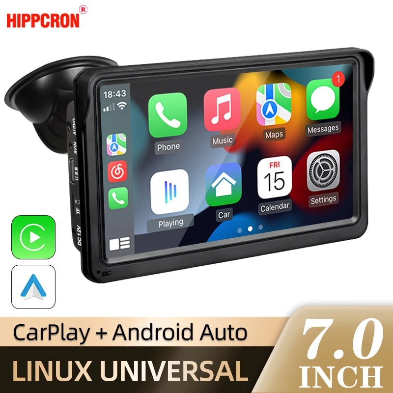 Hippcron-Lecteur vidéo de limitation d'autoradio, Carplay sans fil, Android Auto, écran tactile universel portable, 7 pouces