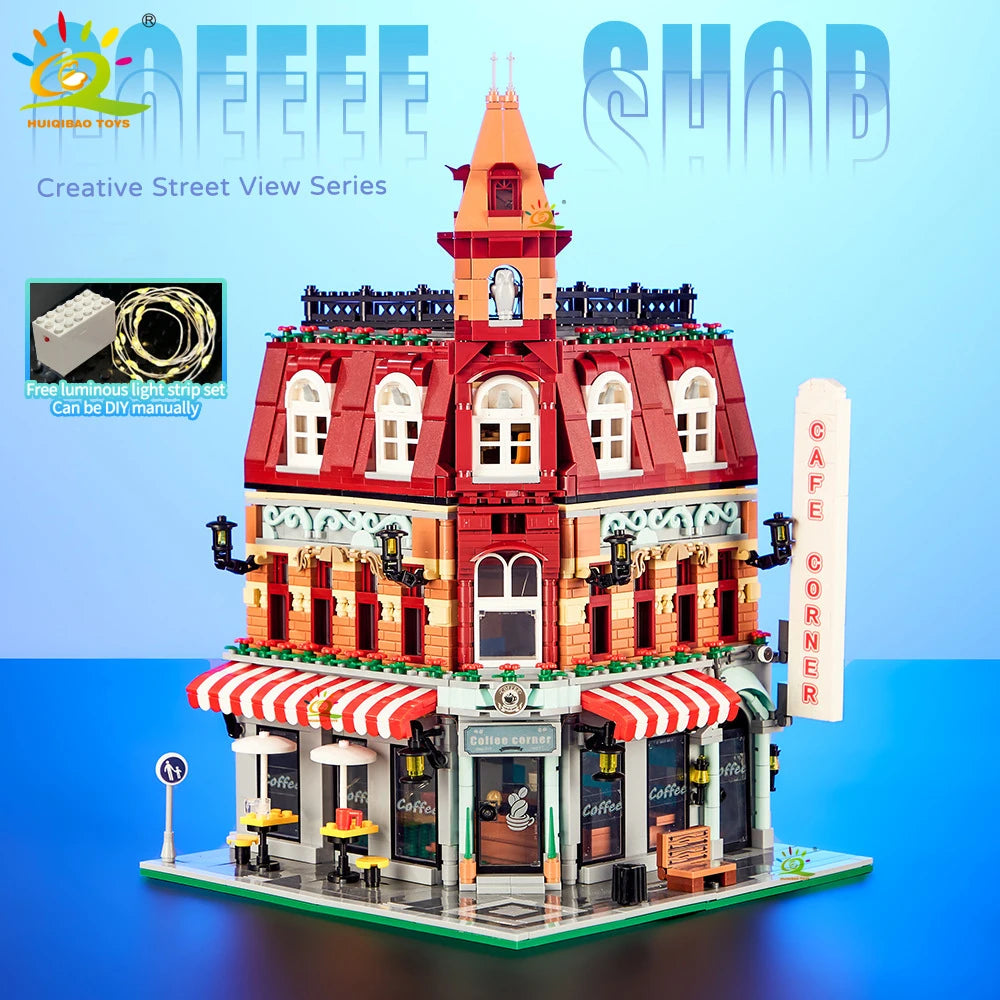 HUIQIBAO jouets MOC ville coin café Architecture Style rue vue Micro blocs de Construction pour enfants briques de Construction