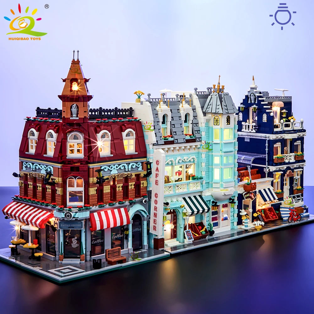 HUIQIBAO jouets MOC ville coin café Architecture Style rue vue Micro blocs de Construction pour enfants briques de Construction