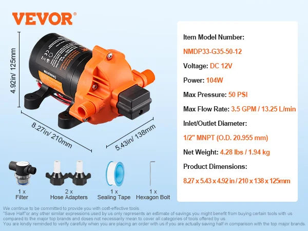 Pompe à membrane VEVOR 12 V, débit 1,8/3/3,5/5 GPM, 3/4/5 chambres, pression réglable de 40 à 100 PSI, raccord MNPT 1/2" pour camping-car, yacht, food truck et caravane.