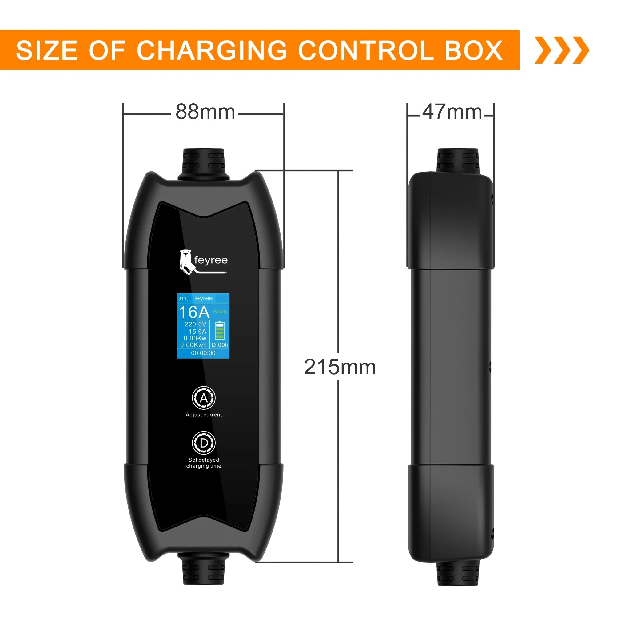 Chargeur portable Feyree pour véhicules électriques, type 2, 16 A, 3,5 kW, monophasé, avec réglage du courant et du délai, et prise Schuko.