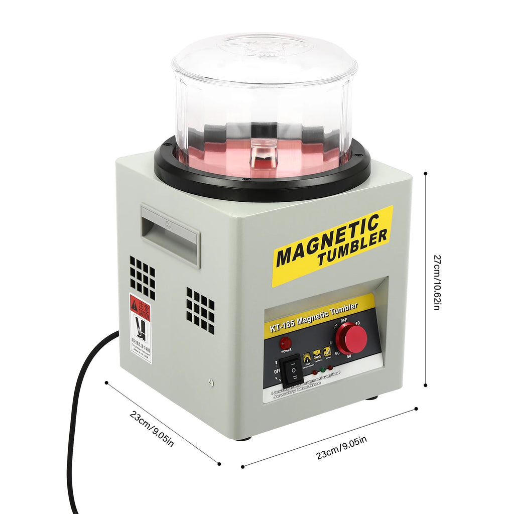 Machine de polissage magnétique pour bijoux avec fonction marche avant/arrière, haute puissance et poignées portables pour une utilisation efficace.