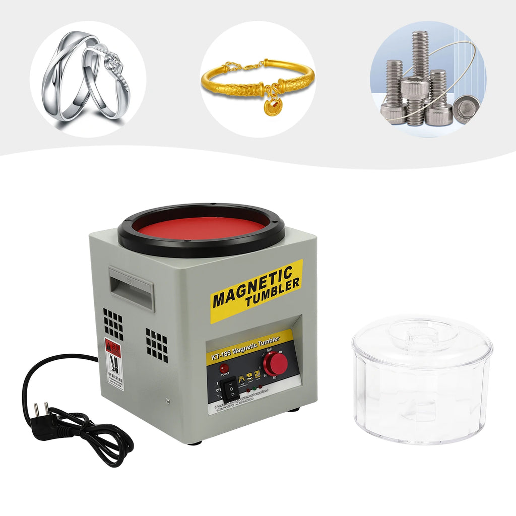 Machine de polissage magnétique pour bijoux avec fonction marche avant/arrière, haute puissance et poignées portables pour une utilisation efficace.
